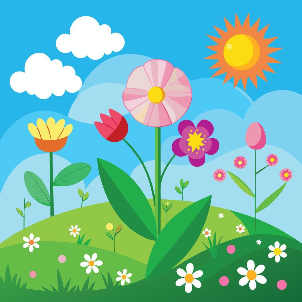 a cartoon illustration of flowers and sun vector