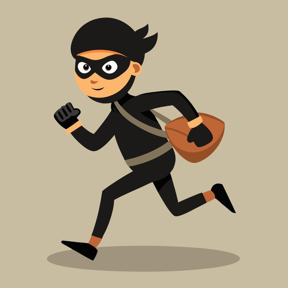 thief in black mask running with bag vector