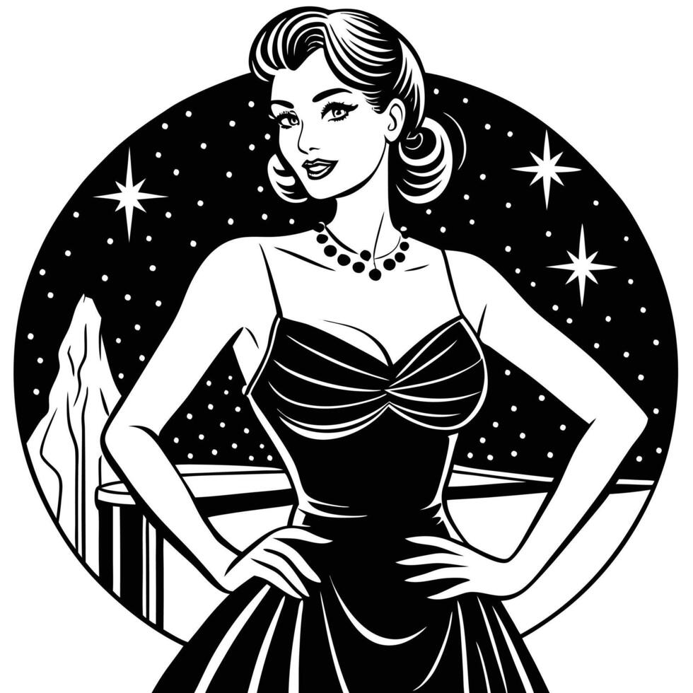 retro style woman in black dress with stars on background vector