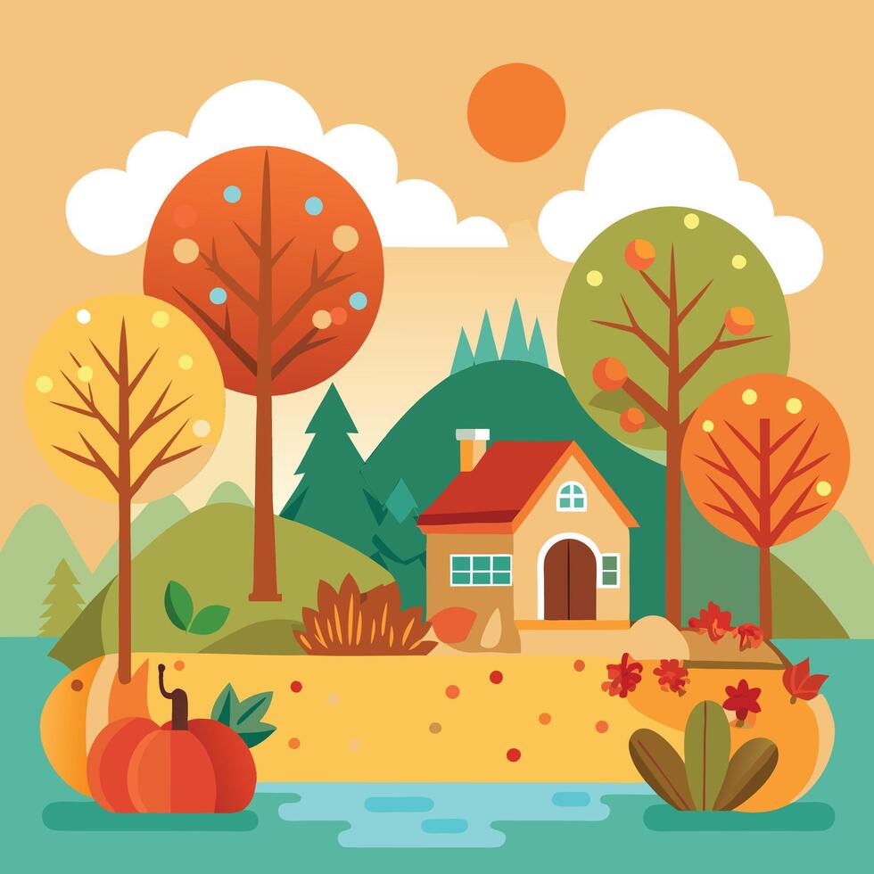 autumn landscape with house, trees and pumpkins vector