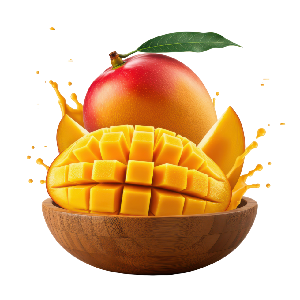 Ripe Mango overflowing in a wooden bowl isolated on a transparent background png