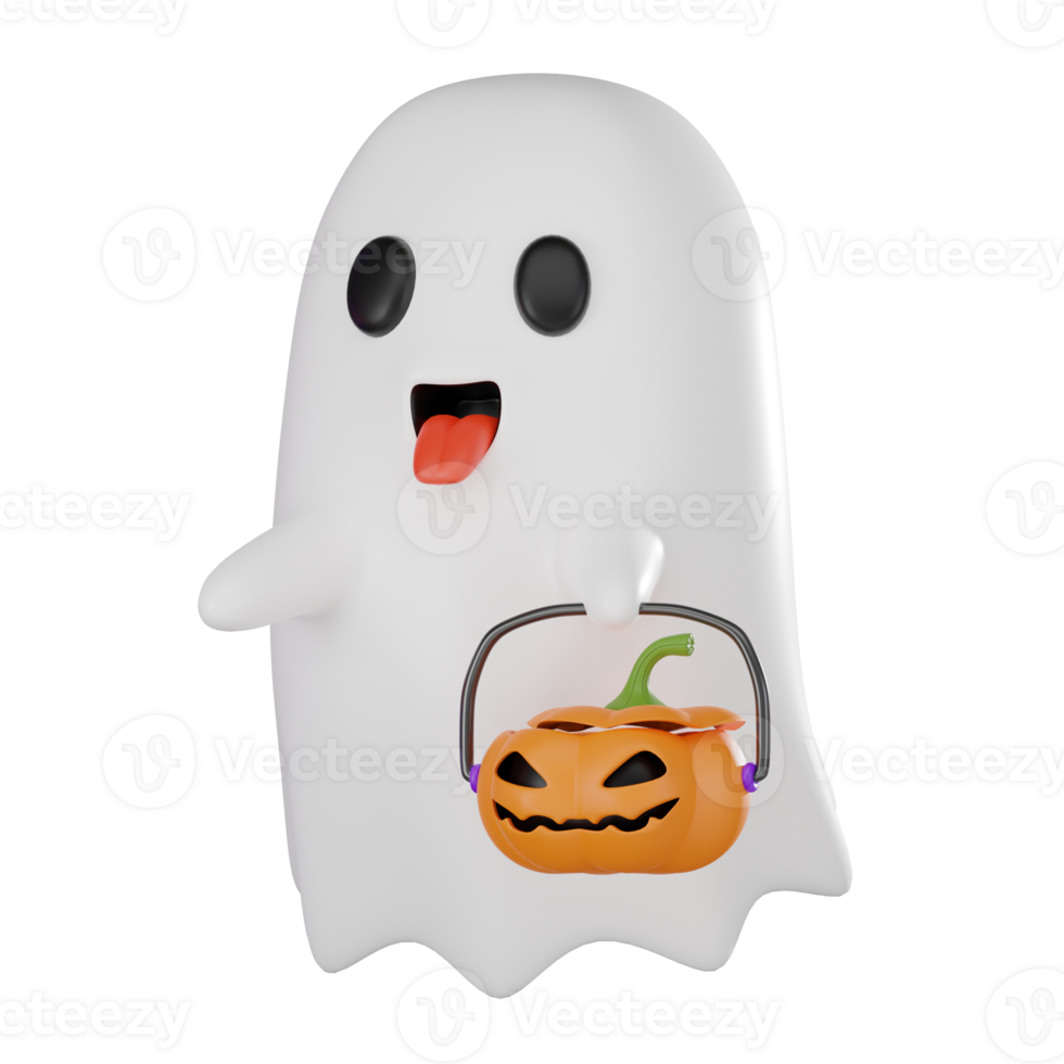 3D Ghost Illustration Holding Pumpkin Bucket Halloween Character Render for Spooky Theme png