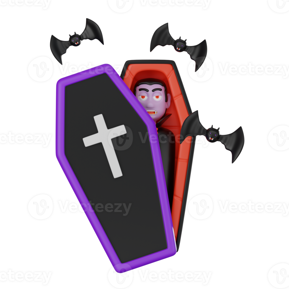 3D Rendering Vampire Sleeping in a Coffin Dark Mythical Creature Icon for Scary Project png