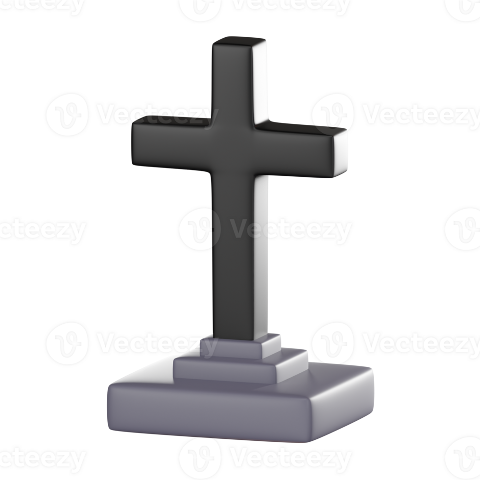 3D Illustration of Black Tombstone Cross, Gothic Gravestone Render for Horror Theme png