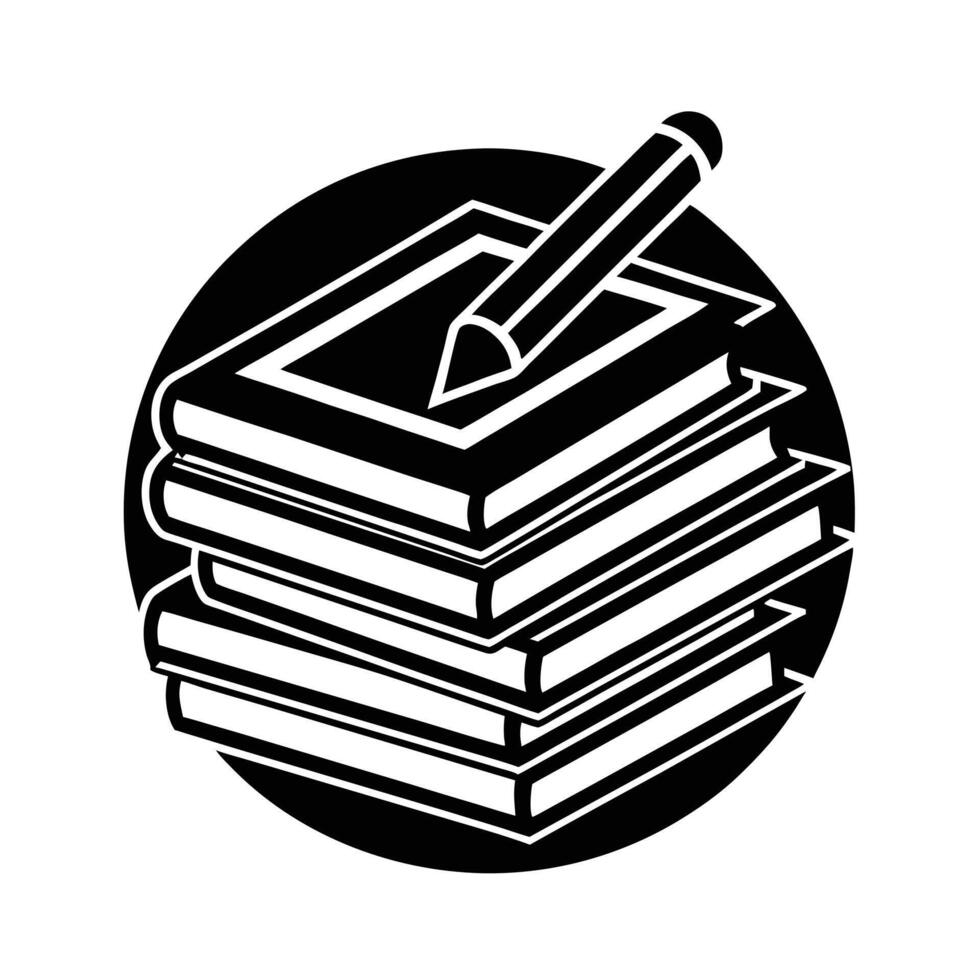 a black and white illustration of a stack of books with a pencil vector