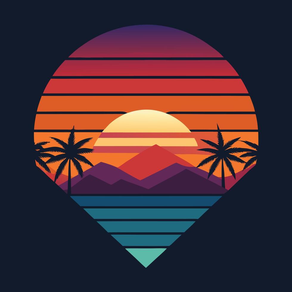 the sun is setting over the mountains and palm trees vector