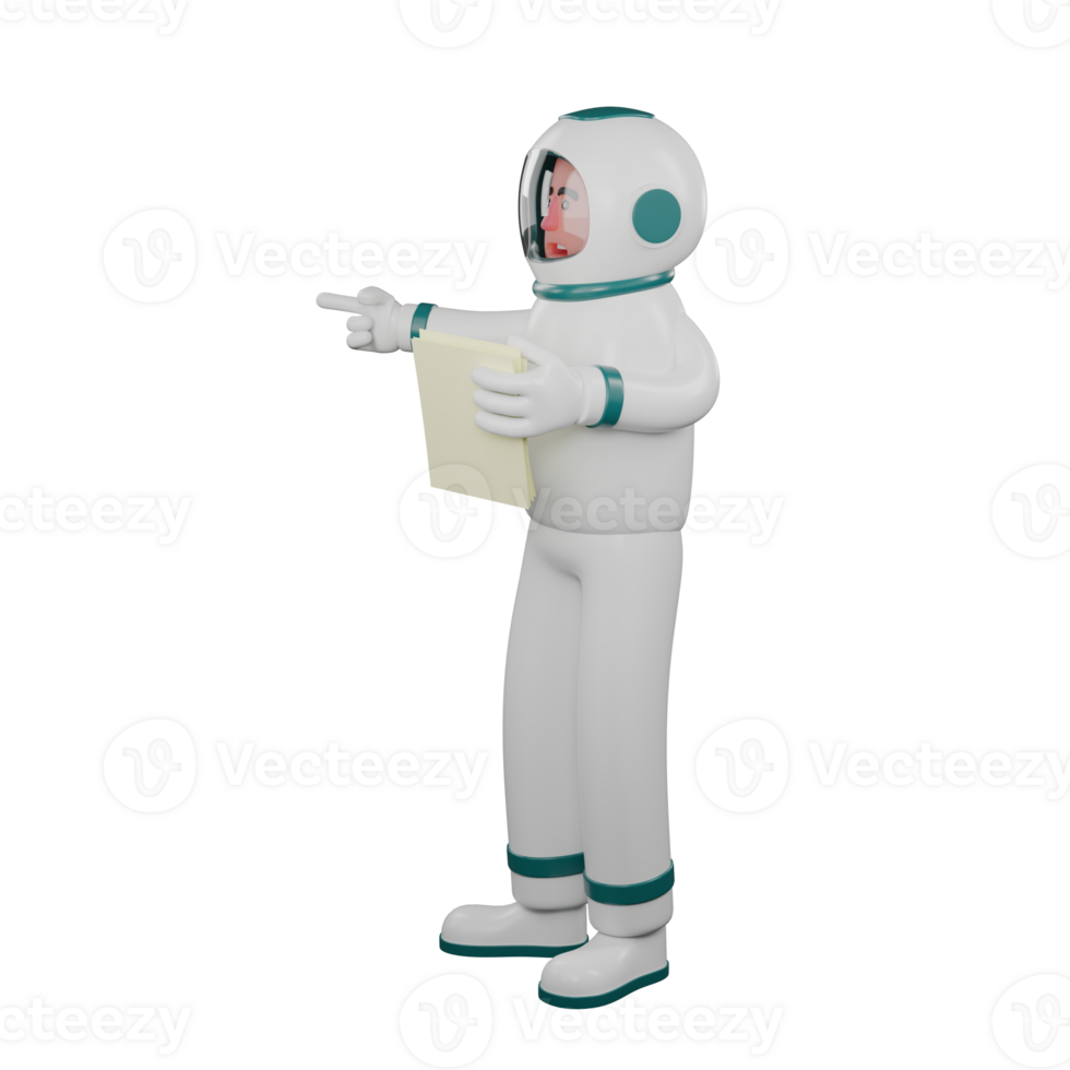 Cartoon Illustrated of a Male Astronaut. A male astronaut stands holding a sheet of paper in his left hand and his right hand points in a certain direction. 3D Galactic Style png