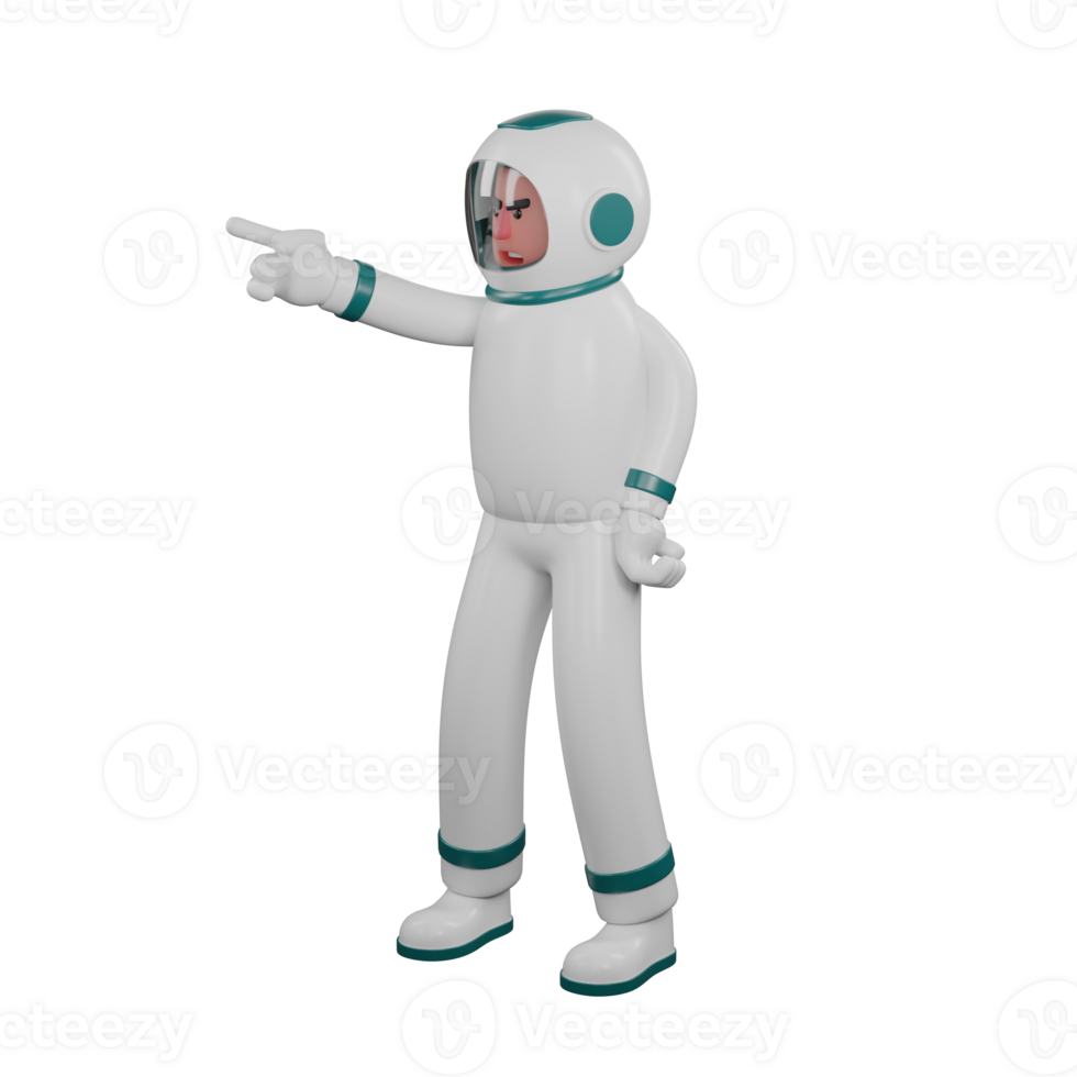 Professional Male Space Character. A male astronaut stands with his right hand pointing forward with an angry expression. 3D Astronaut png