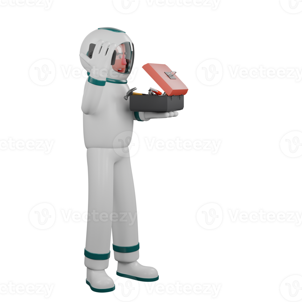3D Male Astronaut Operating. A male astronaut stands holding a cellphone in his right hand and holding a tool box in his left hand. Spacecraft Navigation Cartoon png