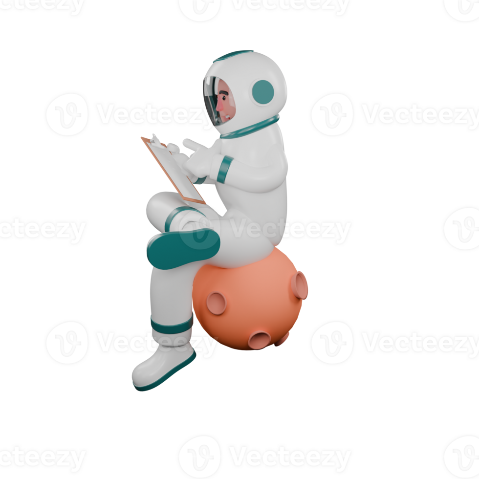 3D Male Astronaut at Control Panel. A male astronaut sits on a miniature moon checking data on a clipboard. Space Flight Cartoon png