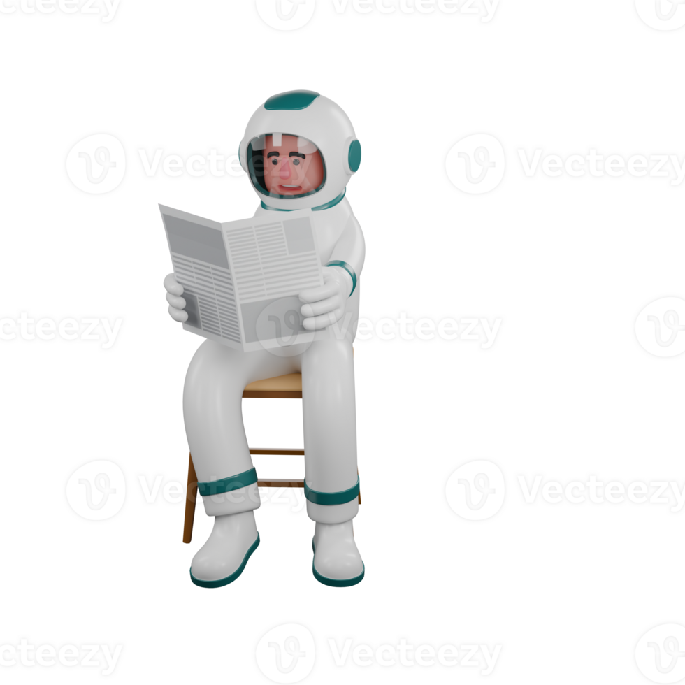 Male Astronaut 3D Model. A male astronaut sits on a chair while holding a newspaper in both hands. Lunar Research Environment png