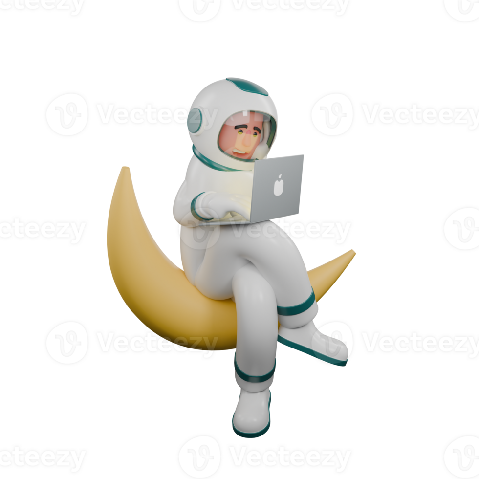 3D Male Space Character. A male astronaut sits on a large crescent moon while operating a laptop on his lap. Astronaut Professional png