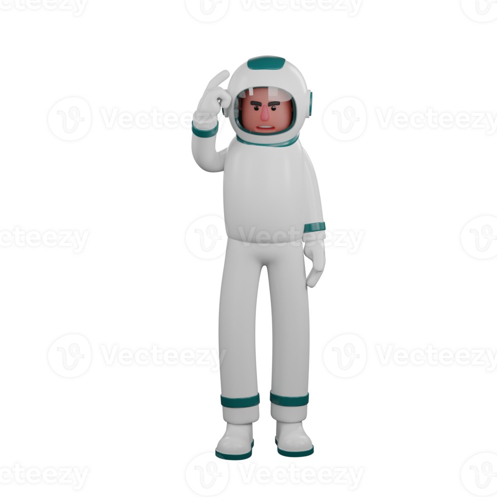 3D Male Astronaut. A male astronaut stands while holding his head with his left hand. Professional Space Character png