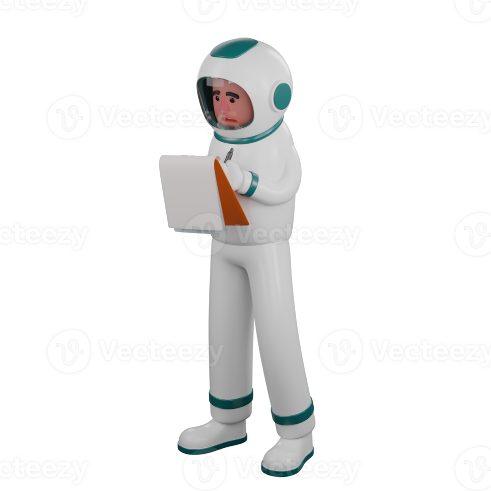 Outer Space Expert in 3D. A male astronaut stands while writing on a clipboard. Cartoon Astronaut png