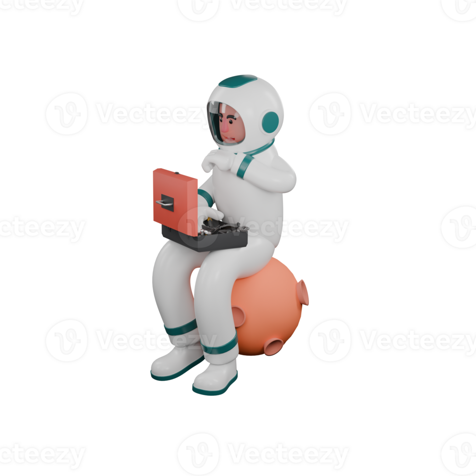 Illustrated 3D Astronaut. A male astronaut sits on a miniature moon with a toolbox in his lap and his right hand on the tool. Male Space Traveler Cartoon png