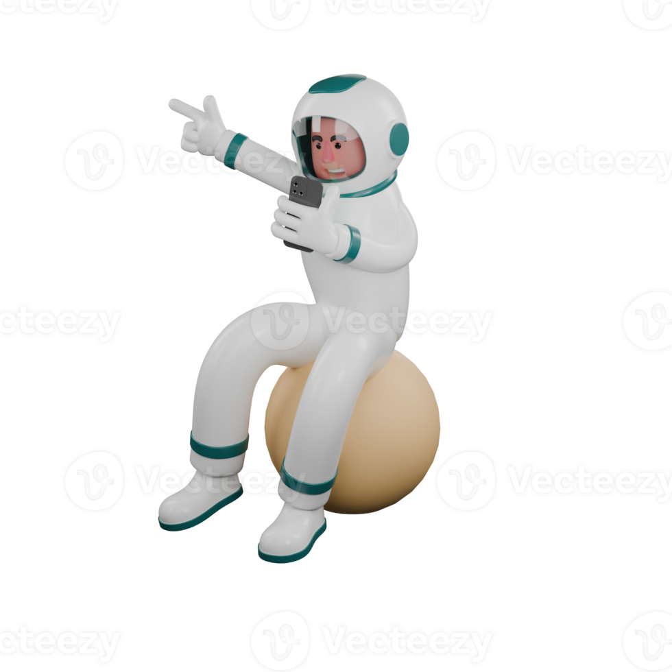Professional 3D Male Space Astronaut. A male astronaut sits on a planet looking at a cellphone held in his left hand and pointing up with his right hand. Cartoon png