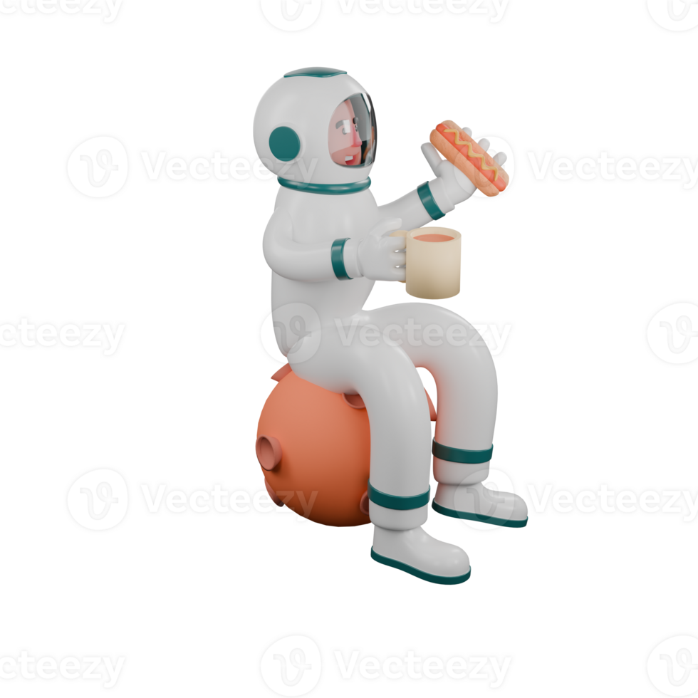 Professional Astronaut in 3D. A male astronaut sits on a miniature moon with a cup of coffee and a hotdog in his hands. Male png