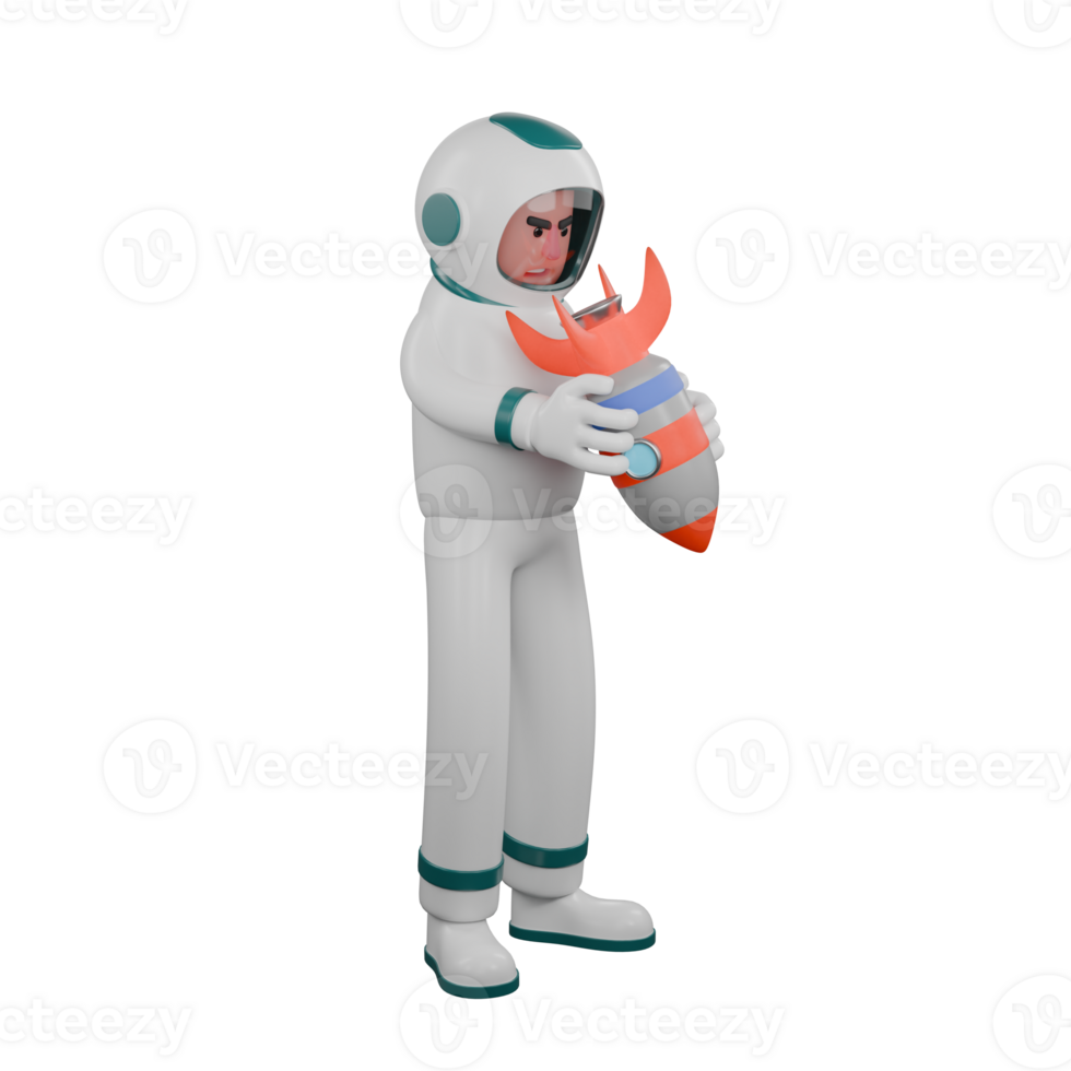 3D Male Astronaut in Shuttle. A male astronaut stands holding a rocket in both hands with an angry expression. Space Illustrated png