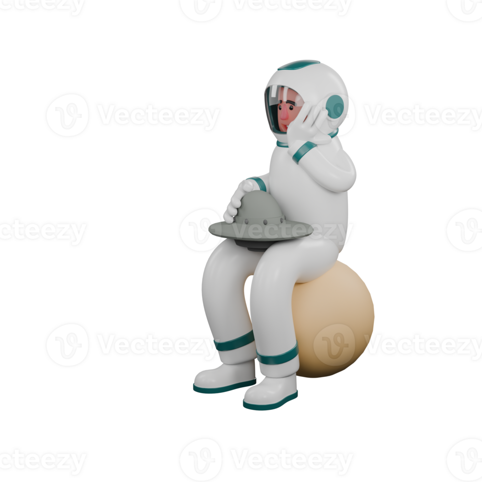 3D Male Astronaut in Action. A male astronaut sits on the moon holding a miniature uvo while his right hand holds the uvo and his left hand holds his cheek. Professional Space png