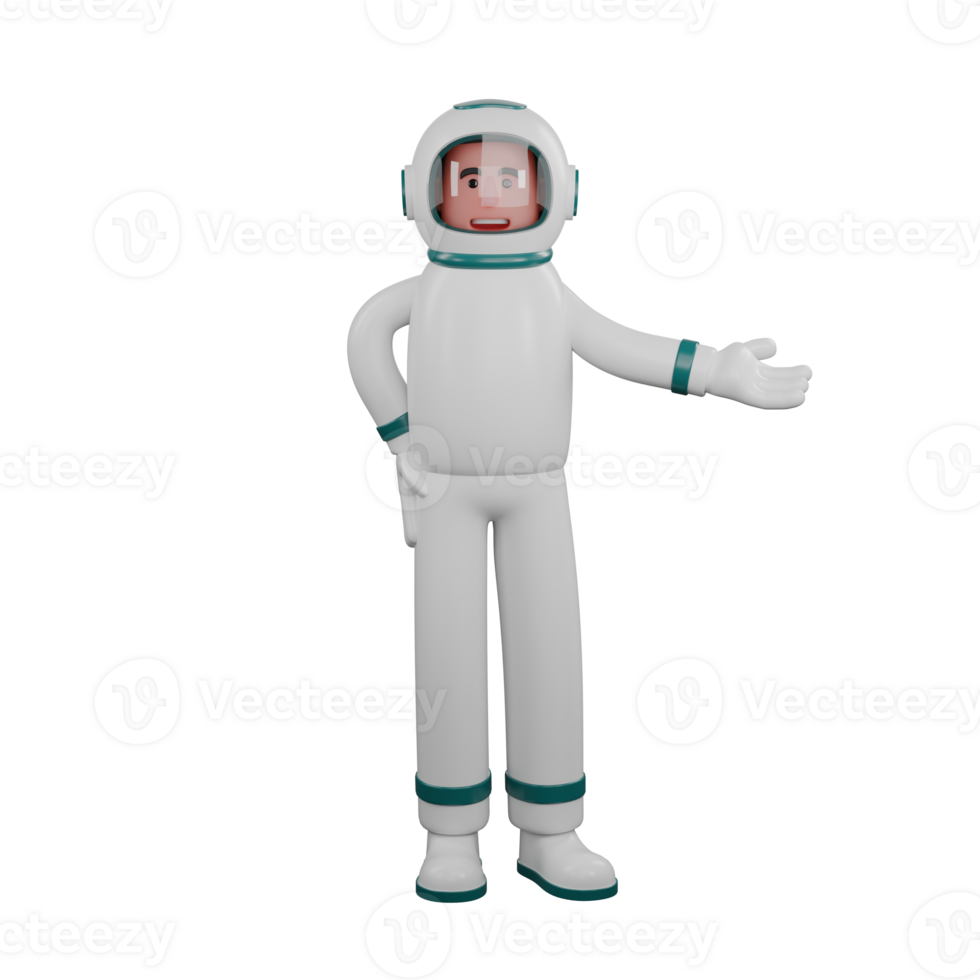 3D Professional Astronaut Character. A male astronaut stands with his right arm outstretched to the side with his palm facing up while his left hand is on his waist. Male Space Scientist png