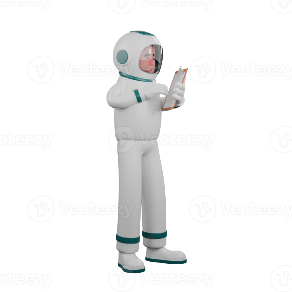 Male Astronaut in Space 3D. A male astronaut stands checking notes on a clipboard. Professional png