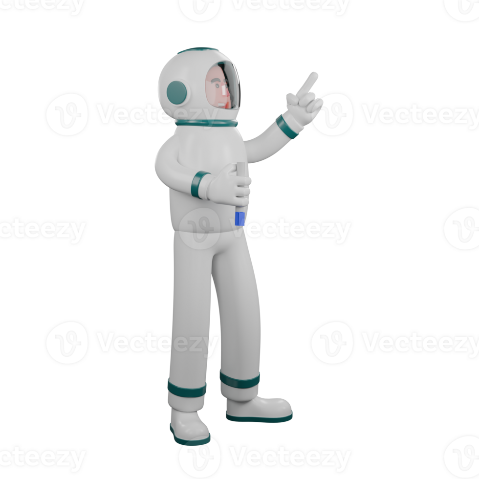 Professional Astronaut 3D Art. A male astronaut stands while pointing upwards with his right hand and holding a tool in his left hand. Male Space Engineer Character png