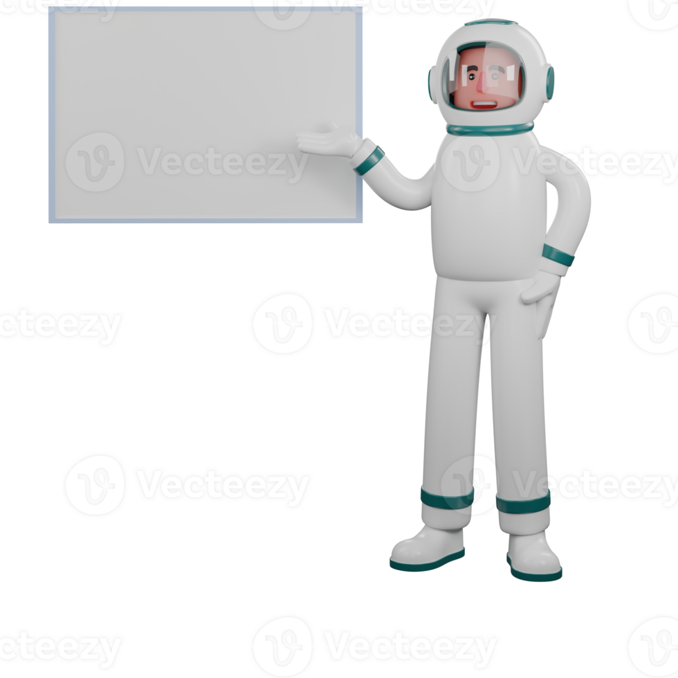 3D Cartoon Space Specialist. A male astronaut stands next to a presentation board while pointing at the board with his left hand while his right hand is on his waist. Space Research Scene png