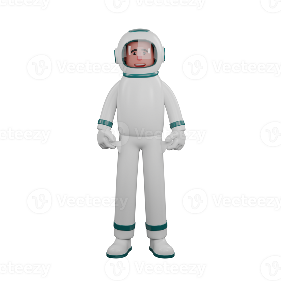 Professional Male Astronaut in 3D Animation. A male astronaut stands while showing his two inner pockets. Space png