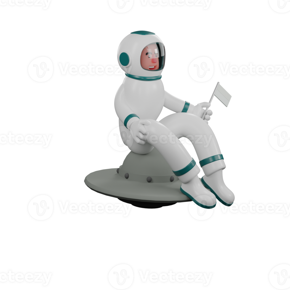 Male Astronaut in Spacecraft. A male astronaut sits on a UFO holding a white flag in his left hand. 3D Character png