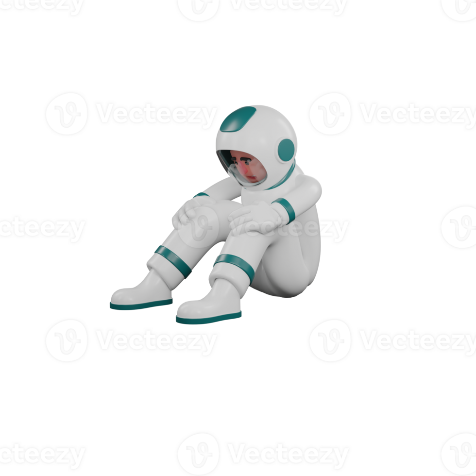 Professional Male in 3D Astronaut. A male astronaut sits on the floor with both hands on his knees with a sad expression. Cartoon Illustrated png