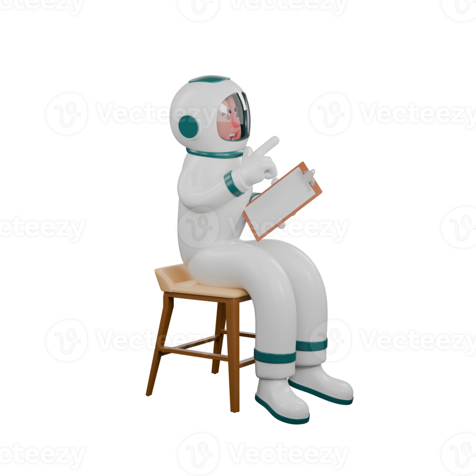 Professional 3D Astronaut. A male astronaut sits on a chair holding a clipboard in his left hand and pointing forward with his right hand. Male Spaceflight Expert png