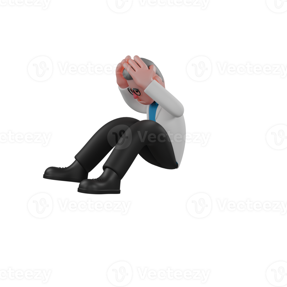 3D Physics Physicist Male. A male physicist is sitting on the floor with both hands holding his head. Professional Illustrated png