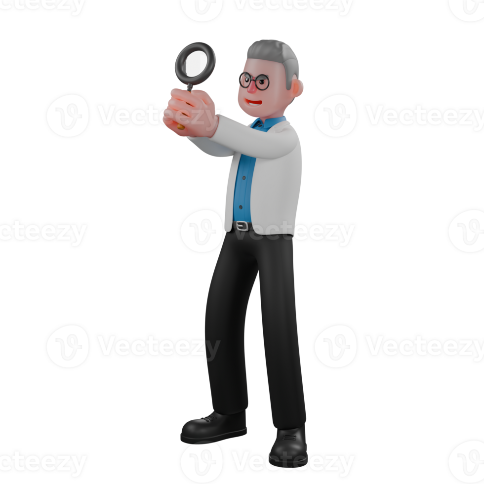 Illustrated Physics Expert . A male physicist stands holding a magnifying glass in both hands. 3D Male Physicist png