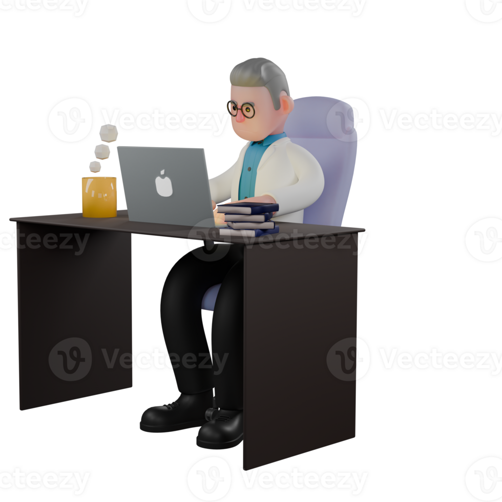 3D Cartoon Physicist Character. A male physicist sits behind a desk with both hands operating a laptop. Quantum Mechanics Model png