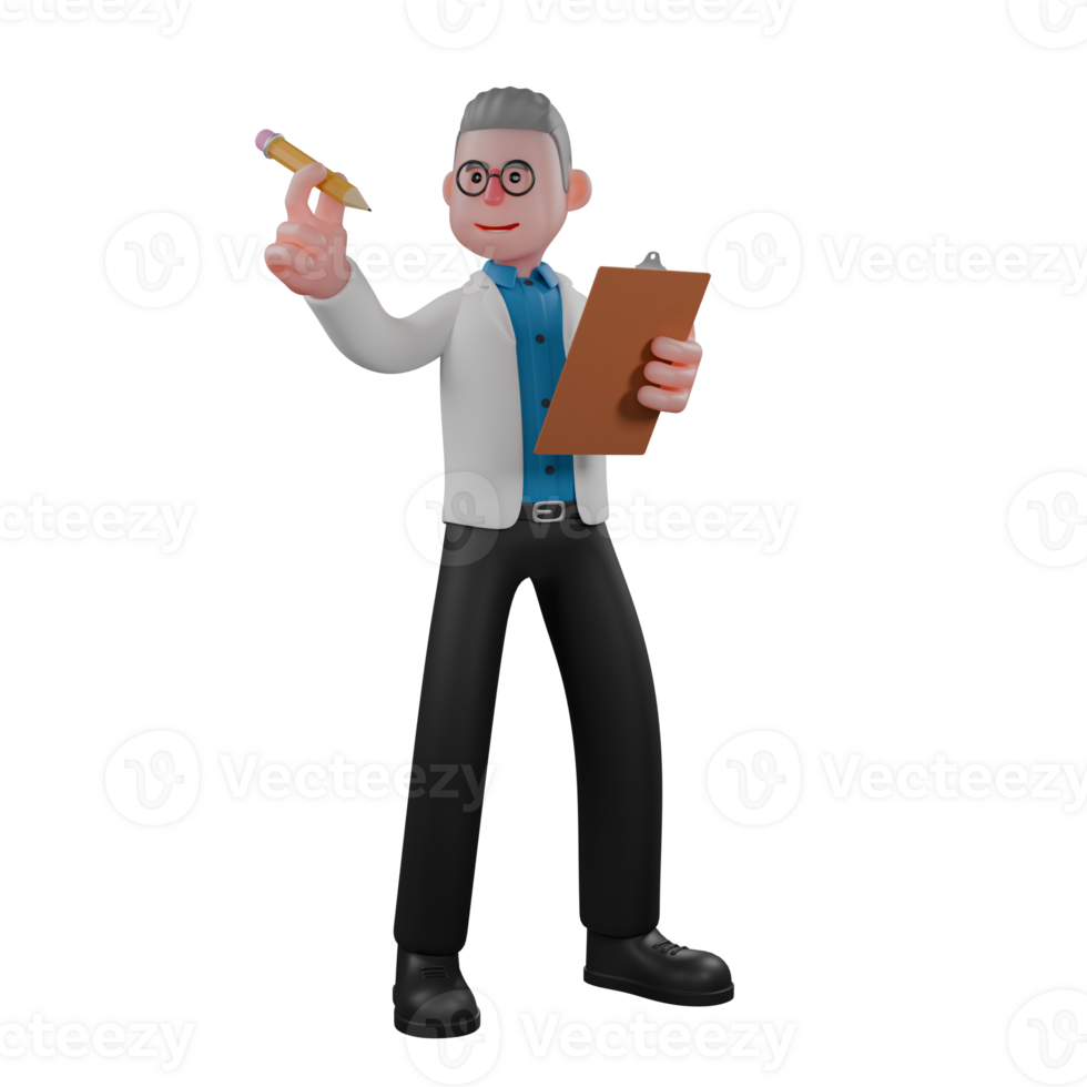 Professional Male Physicist in 3D. A male physicist stands holding a clipboard in his left hand and holding a pencil in his right hand. Fluid Dynamics Character png