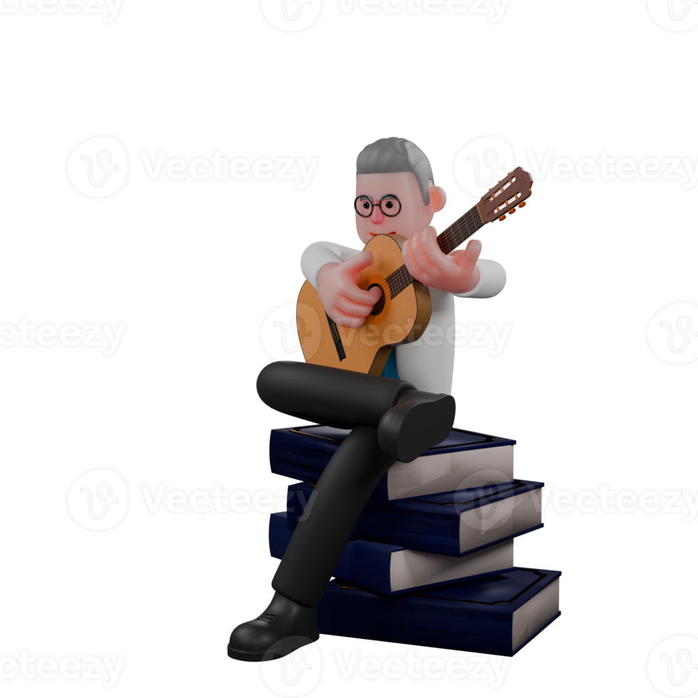 Cartoon Style Particle Physicist. A male physicist sits on a pile of books while playing the guitar. 3D Male png