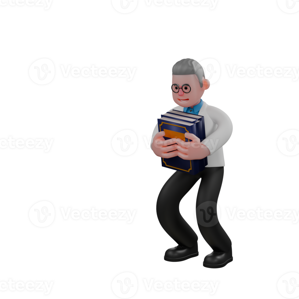 3D Male Physicist Character . A male physicist is bending over while hugging 4 books with both hands. Science Professional png