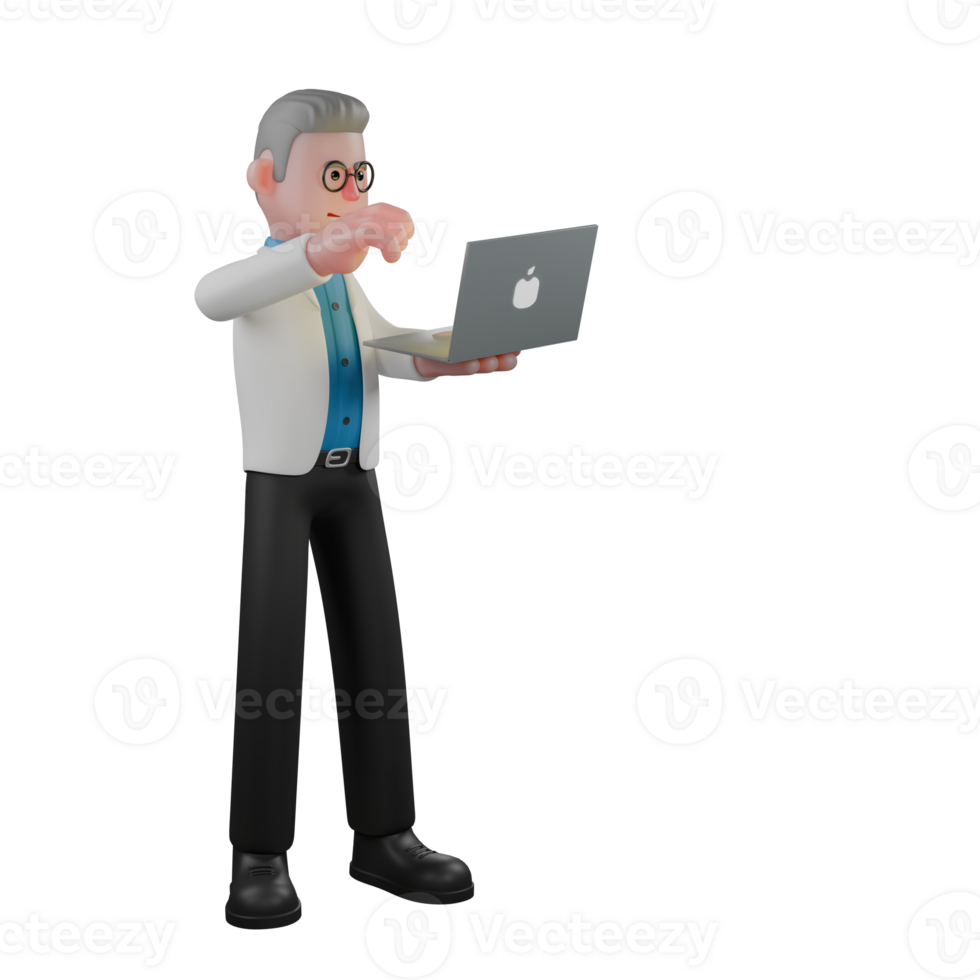 3D Physics Enforcement Male Physicist. A male physicist stands holding a laptop in his left hand and his right hand is on top of the laptop. Professional png