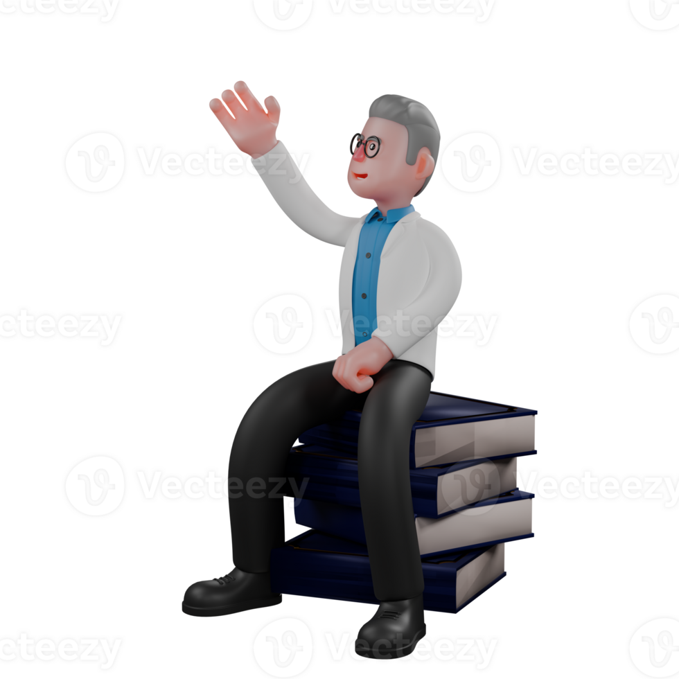 rofessional Male in Physics. A male physicist sits on a pile of books with his hand raised as if waving. 3D Physicist Cartoon png