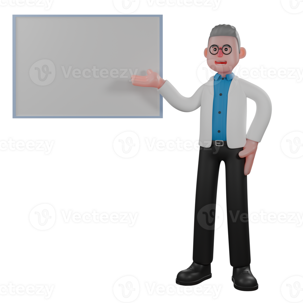 3D Cartoon Physics Specialist . A male physicist stands next to a presentation board pointing at the board with his left hand. Electromagnetism Research Scene png