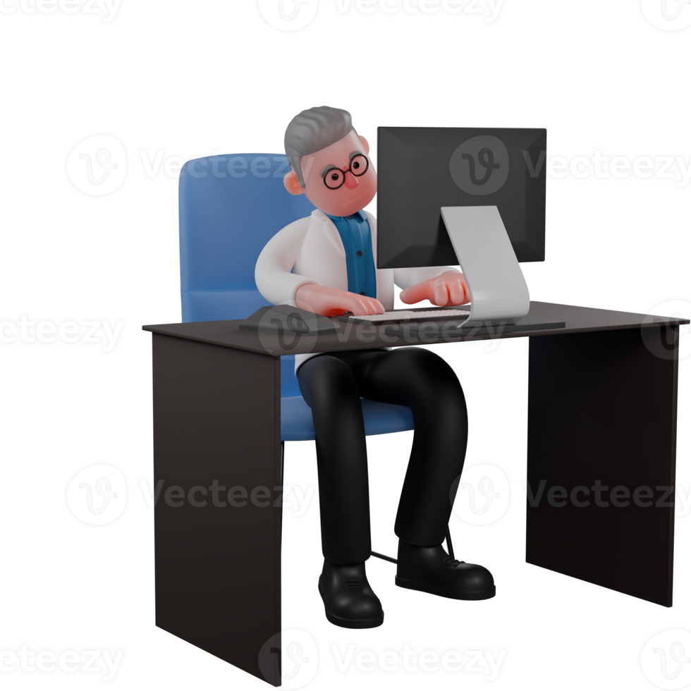 3D Illustrated of Professional Male Physicist. A male physicist is sitting on his desk chair while typing on the keyboard and his gaze is fixed on the monitor screen. Physics png