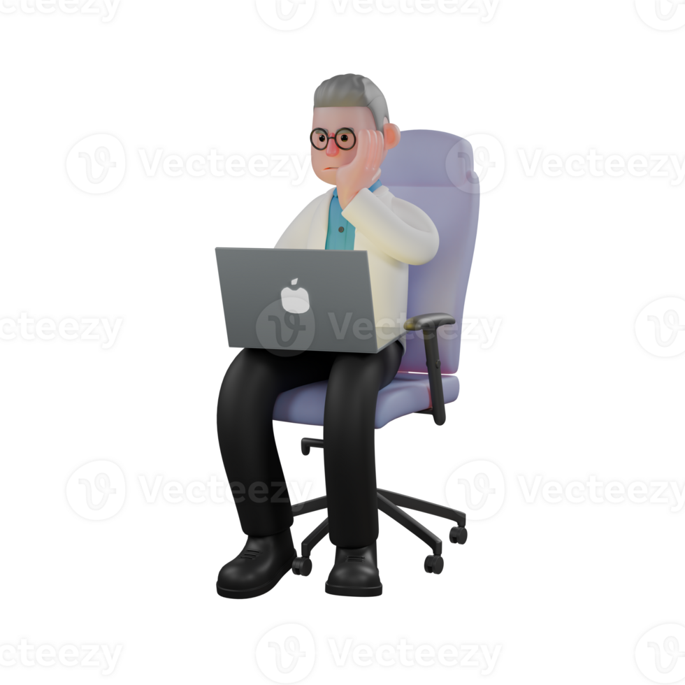 Illustrated 3D Physicist. A male physicist sits on a chair holding a laptop with his right hand holding his face. Male Theoretical Physicist Cartoon png