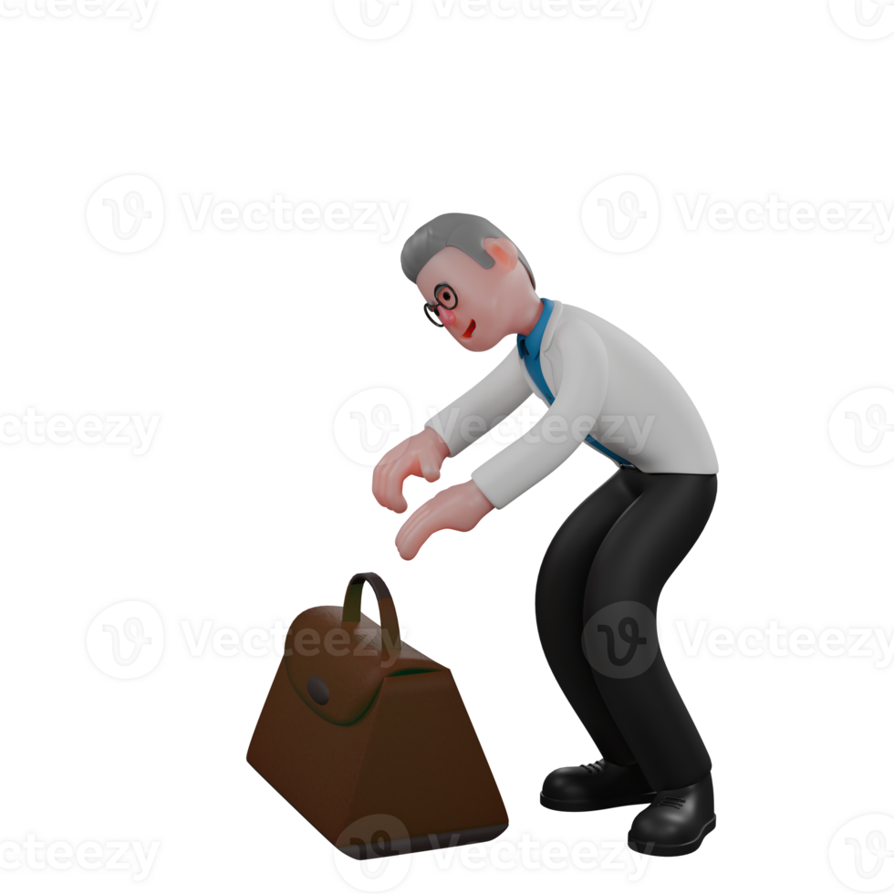 Male Physicist Science Professional . A male physicist is bending over a brown bag with both hands trying to reach the bag. 3D Cartoon png