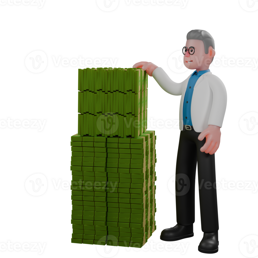 Physics Male Physicist. A male physicist stands next to a pile of banknotes with his right hand on top of the stack of money. 3D Professional Character png