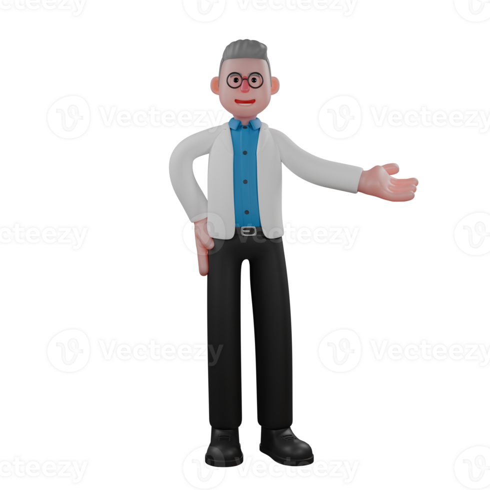 3D Professional Physicist Character. A male physicist stands with his right arm outstretched to the side with his palm facing up and his other hand resting on his hip. Male Thermodynamics Expert png