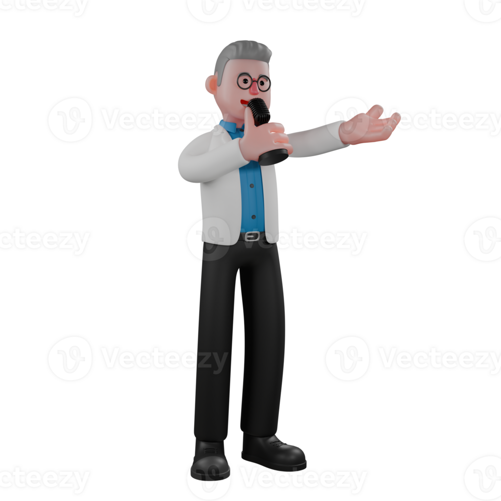 3D Male Physicist Physics Illustrated. A male physicist is standing while holding a microphone in front of his mouth and extending his hand forward. Professional png