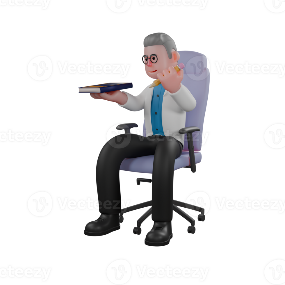 3D Physics Expert Physicist . A male physicist sits on a chair with his right hand holding a book and his left hand holding a pencil. Cartoon Male Experimental Guru png
