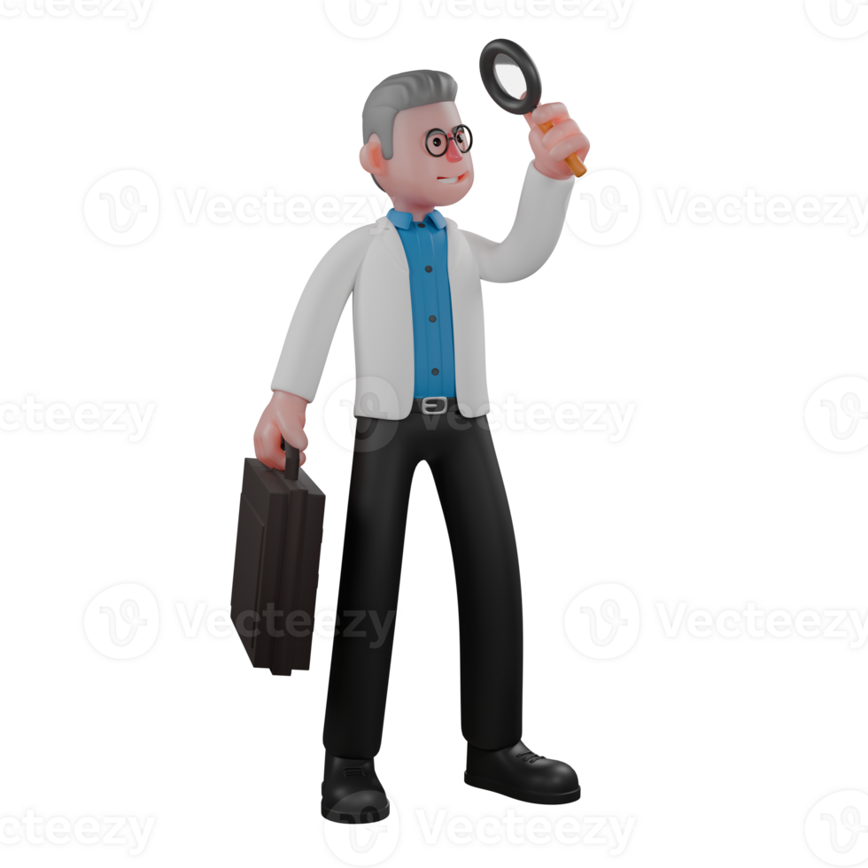 3D Male Physicist in Professional Role. A male physicist is standing while holding a magnifying glass and carrying a briefcase. Physics Cartoon png