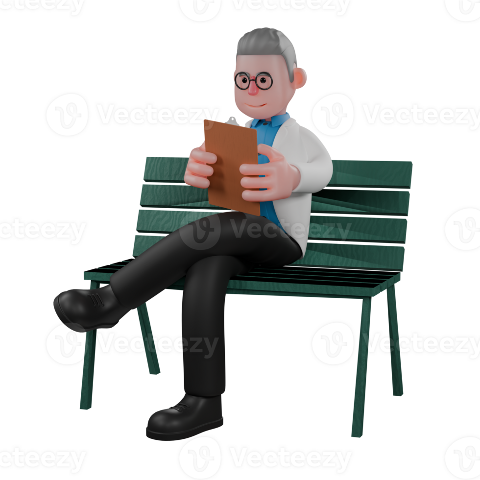 3D Animated Physicist. A male physicist sits on a park bench holding a clipboard in both hands. Male Optical Scientist png
