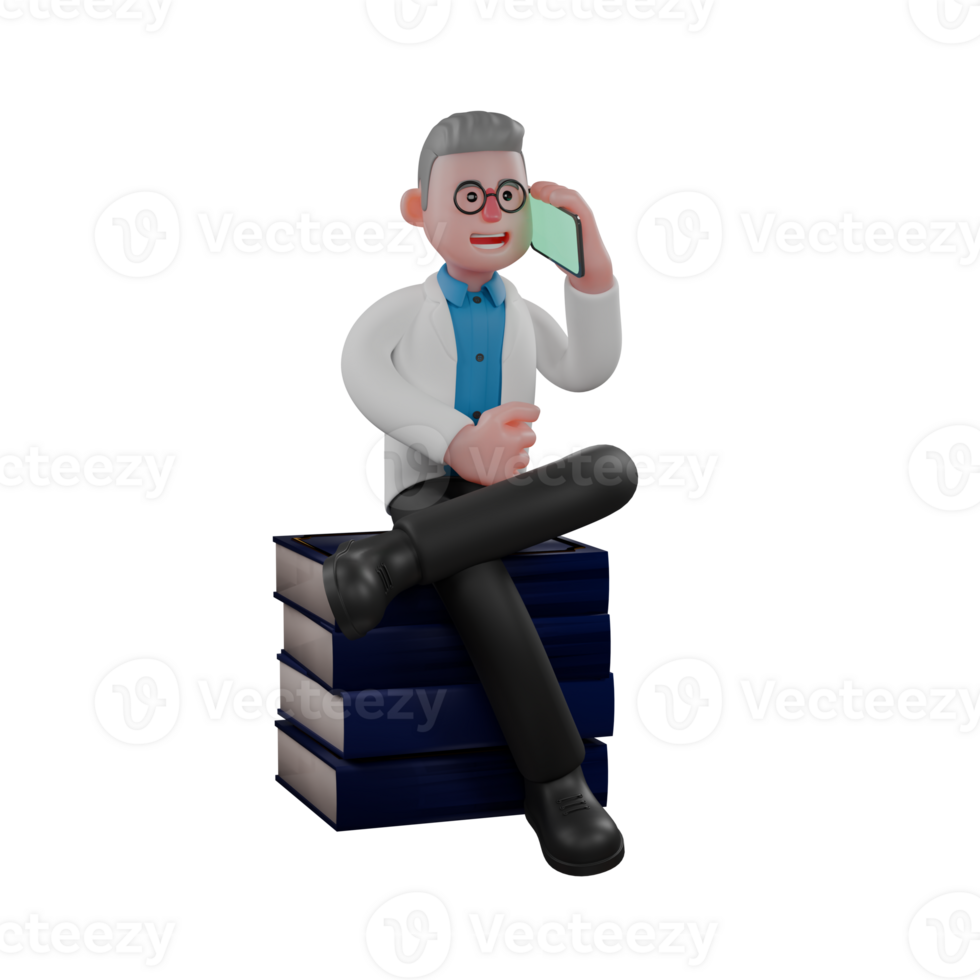 Professional Physicist 3D Cartoon. A male physicist sits on a pile of books while holding a cellphone in his left hand and his right hand is in front of his stomach. Male Energy Scientist png